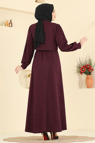moda selvim Yelek Detaylı Balıksırtı Elbise 24096UKBK1160 Bordo - Thumbnail