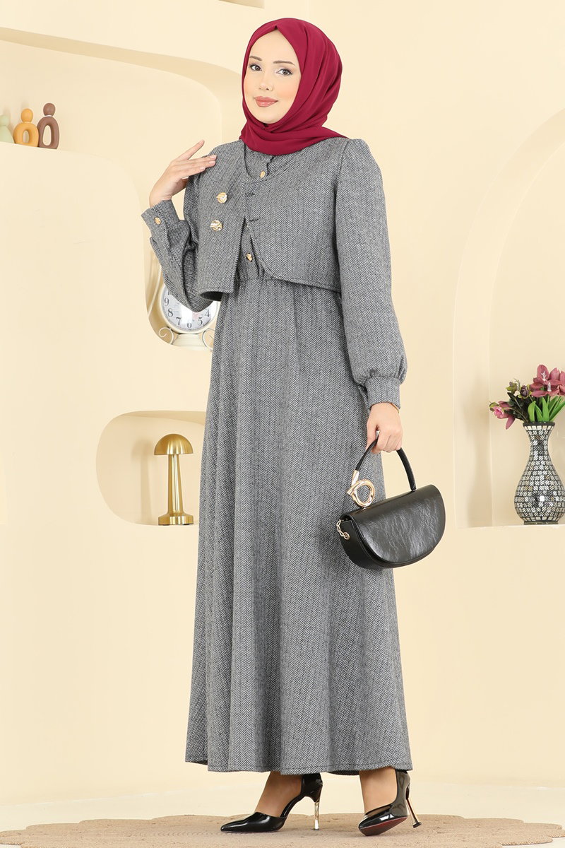 Yelek Detaylı Balıksırtı Elbise 24096UKBK1160 Gri