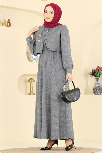 moda selvim Yelek Detaylı Balıksırtı Elbise 24096UKBK1160 Gri - Thumbnail