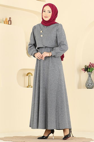 moda selvim Yelek Detaylı Balıksırtı Elbise 24096UKBK1160 Gri - Thumbnail