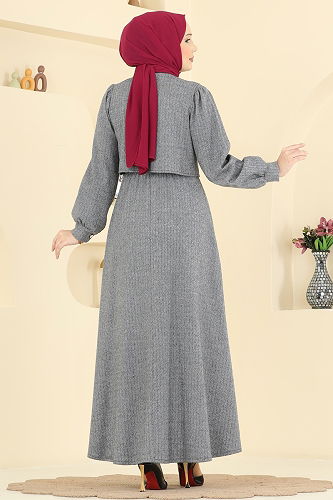 moda selvim Yelek Detaylı Balıksırtı Elbise 24096UKBK1160 Gri - Thumbnail