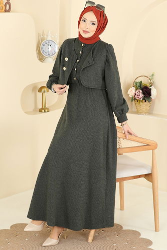 moda selvim Yelek Detaylı Balıksırtı Elbise 24096UKBK1160 Haki - Thumbnail