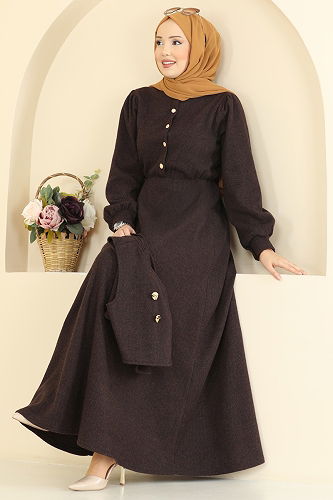 moda selvim Yelek Detaylı Balıksırtı Elbise 24096UKBK1160 Kahve - Thumbnail