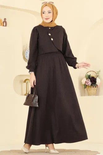 U.K.B.K. - Yelek Detaylı Balıksırtı Elbise 24096UKBK1160 Kahve