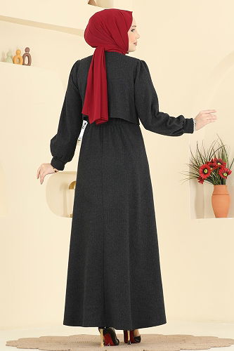 moda selvim Yelek Detaylı Balıksırtı Elbise 24096UKBK1160 Siyah - Thumbnail