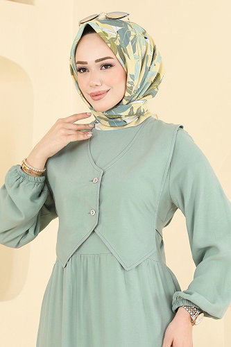 moda selvim Yelek Detaylı Belmando Elbise 7171ERK1158 Çağla - Thumbnail