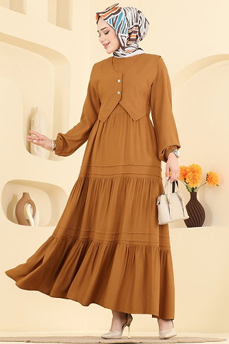 moda selvim Yelek Detaylı Belmando Elbise 7171ERK1158 Hardal - Thumbnail