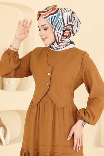 moda selvim Yelek Detaylı Belmando Elbise 7171ERK1158 Hardal - Thumbnail