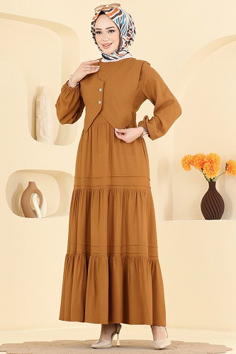 moda selvim Yelek Detaylı Belmando Elbise 7171ERK1158 Hardal - Thumbnail
