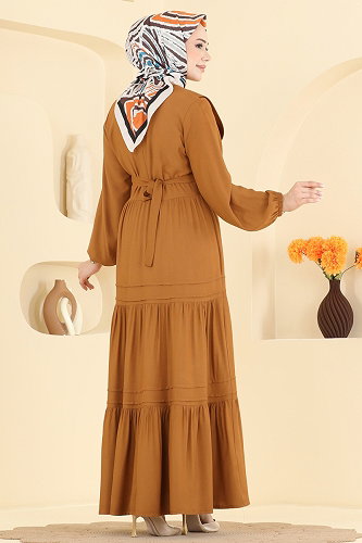 moda selvim Yelek Detaylı Belmando Elbise 7171ERK1158 Hardal - Thumbnail
