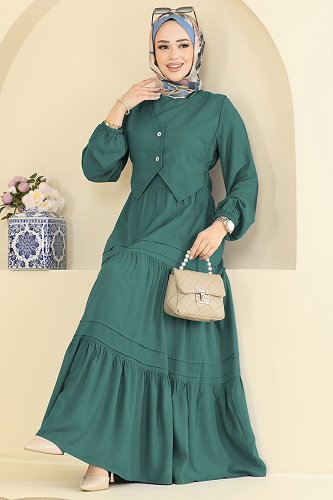 moda selvim Yelek Detaylı Belmando Elbise 7171ERK1158 Zümrüt - Thumbnail