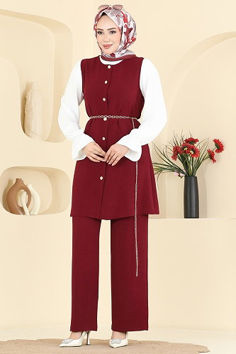 moda selvim Yelekli 3 lü Aerobin Takım 2876SLK540 Bordo - Thumbnail