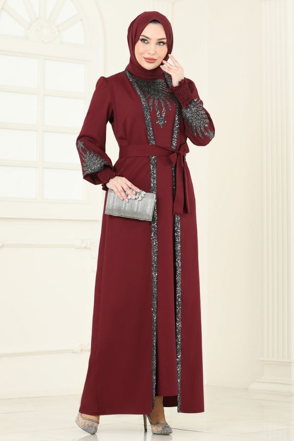 Modaselvim Elbise Yelekli Abiye Elbise Takım ASM2758 Bordo
