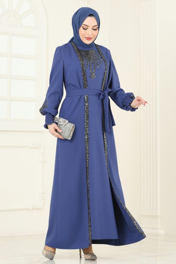Modaselvim Elbise Yelekli Abiye Elbise Takım ASM2758 İndigo