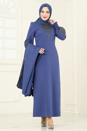 moda selvim Yelekli Abiye Elbise Takım ASM2758 İndigo - Thumbnail