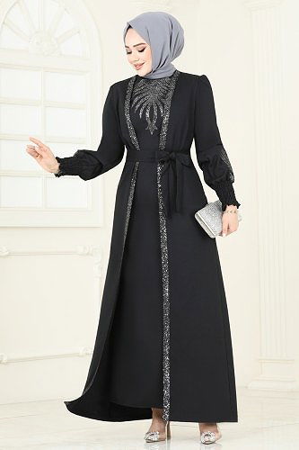 moda selvim Yelekli Abiye Elbise Takım ASM2758 Siyah - Thumbnail