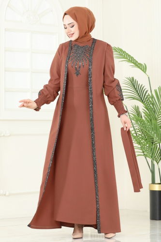 moda selvim Yelekli Abiye Elbise Takım ASM2758 Taba - Thumbnail