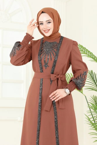 moda selvim Yelekli Abiye Elbise Takım ASM2758 Taba - Thumbnail