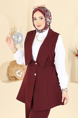 moda selvim Yelekli Dabıl Üçlü Takım 2817SL432 Bordo - Thumbnail