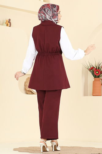 moda selvim Yelekli Dabıl Üçlü Takım 2817SL432 Bordo - Thumbnail