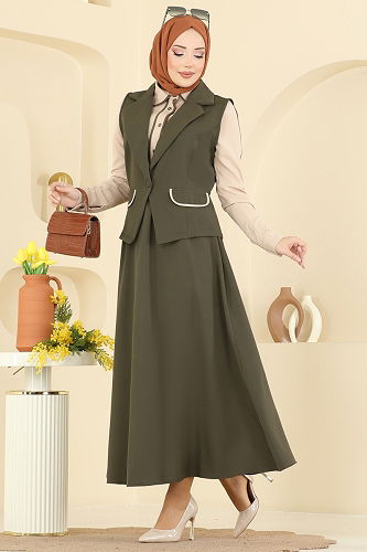 moda selvim Yelekli Şık Üçlü Takım 2763SL432 Haki - Thumbnail