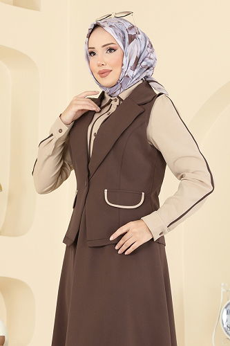 moda selvim Yelekli Şık Üçlü Takım 2763SL432 Kahve - Thumbnail