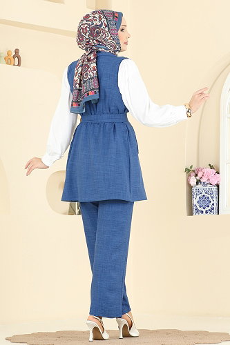 moda selvim Yelekli Sofia Üçlü Takım 2456HBS856 İndigo - Thumbnail