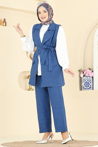 moda selvim Yelekli Sofia Üçlü Takım 2456HBS856 İndigo - Thumbnail