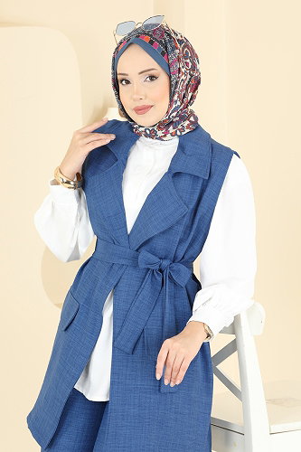 moda selvim Yelekli Sofia Üçlü Takım 2456HBS856 İndigo - Thumbnail