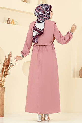 moda selvim Yelekli Terikoton Elbise Takım 3059KTR750 Açık Gül Kurusu - Thumbnail