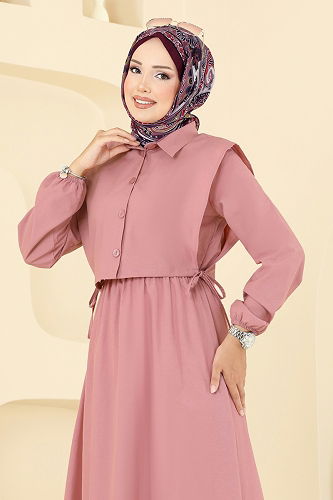 moda selvim Yelekli Terikoton Elbise Takım 3059KTR750 Açık Gül Kurusu - Thumbnail