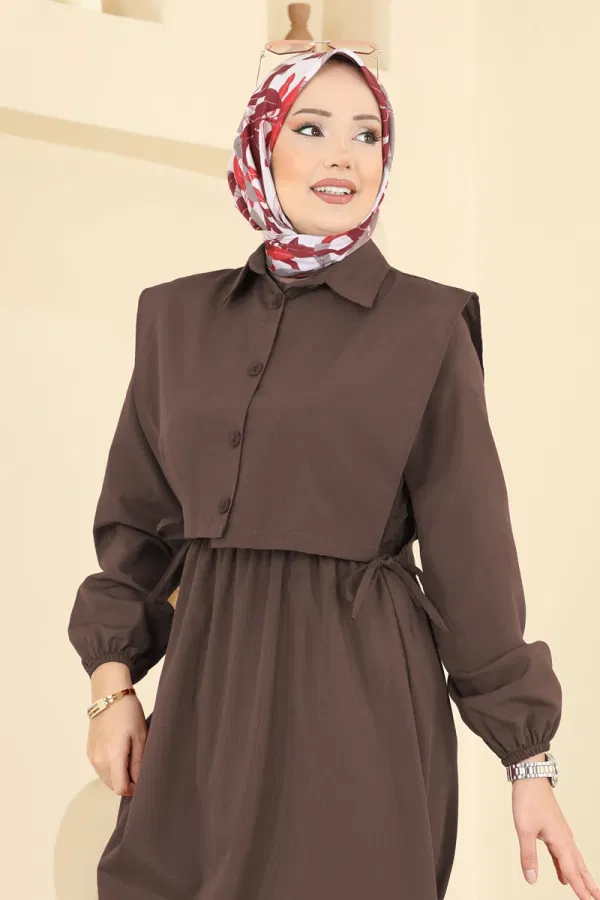 Modaselvim Kombin Yelekli Terikoton Elbise Takım 3059KTR750 Açık Kahve