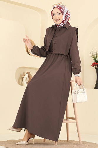 moda selvim Yelekli Terikoton Elbise Takım 3059KTR750 Açık Kahve - Thumbnail
