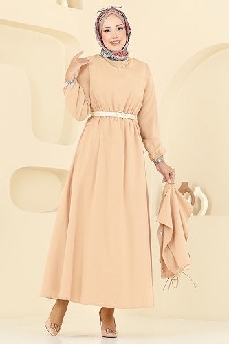 moda selvim Yelekli Terikoton Elbise Takım 3059KTR750 Bej - Thumbnail