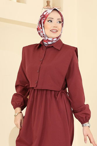 moda selvim Yelekli Terikoton Elbise Takım 3059KTR750 Bordo - Thumbnail