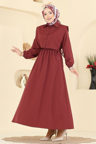 moda selvim Yelekli Terikoton Elbise Takım 3059KTR750 Bordo - Thumbnail