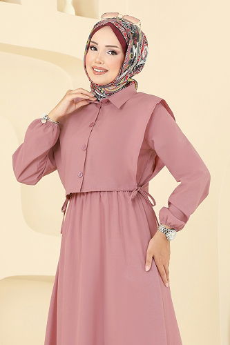 moda selvim Yelekli Terikoton Elbise Takım 3059KTR750 Gül Kurusu - Thumbnail