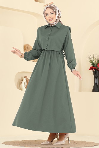 moda selvim Yelekli Terikoton Elbise Takım 3059KTR750 Haki - Thumbnail