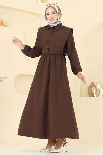 moda selvim Yelekli Terikoton Elbise Takım 3059KTR750 Kahve - Thumbnail