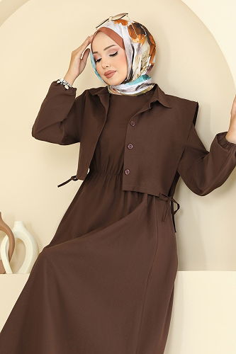 moda selvim Yelekli Terikoton Elbise Takım 3059KTR750 Kahve - Thumbnail