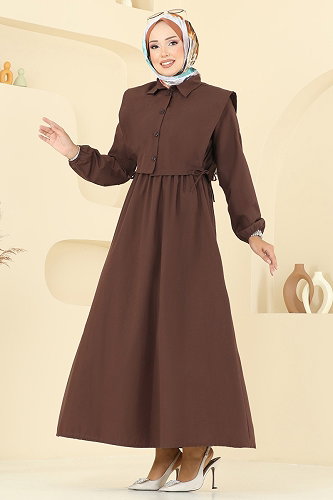 moda selvim Yelekli Terikoton Elbise Takım 3059KTR750 Kahve - Thumbnail