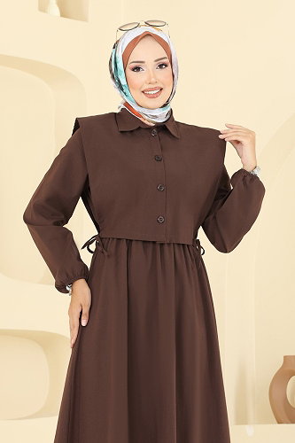 moda selvim Yelekli Terikoton Elbise Takım 3059KTR750 Kahve - Thumbnail