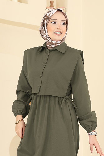 moda selvim Yelekli Terikoton Elbise Takım 3059KTR750 Koyu Haki - Thumbnail