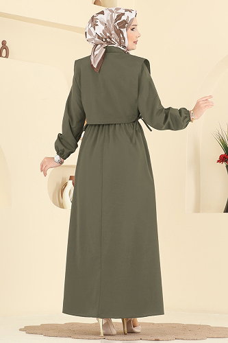 moda selvim Yelekli Terikoton Elbise Takım 3059KTR750 Koyu Haki - Thumbnail