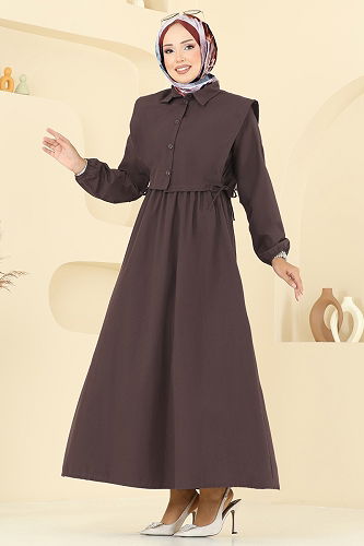 moda selvim Yelekli Terikoton Elbise Takım 3059KTR750 Koyu Kahve - Thumbnail