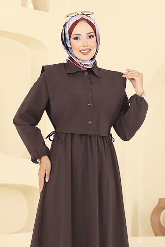 moda selvim Yelekli Terikoton Elbise Takım 3059KTR750 Koyu Kahve - Thumbnail