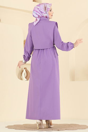 moda selvim Yelekli Terikoton Elbise Takım 3059KTR750 Koyu Lila - Thumbnail