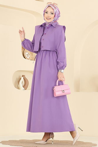 moda selvim Yelekli Terikoton Elbise Takım 3059KTR750 Koyu Lila - Thumbnail