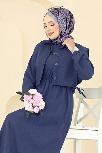 moda selvim Yelekli Terikoton Elbise Takım 3059KTR750 Laci - Thumbnail