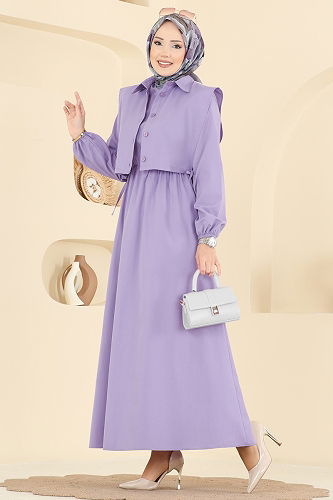 moda selvim Yelekli Terikoton Elbise Takım 3059KTR750 Lila - Thumbnail